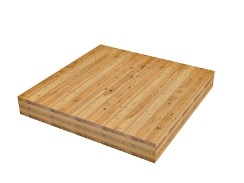 An approximately square block of wood. The length and width are much greater than the height. On the side profile five rows of cross-laminated wood are visible.