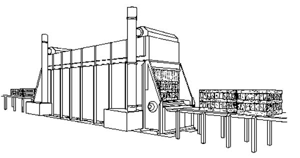Illustration of a conventional hydrocooler, a machine with a conveyor belt that moves food products through the hydrocooling process.