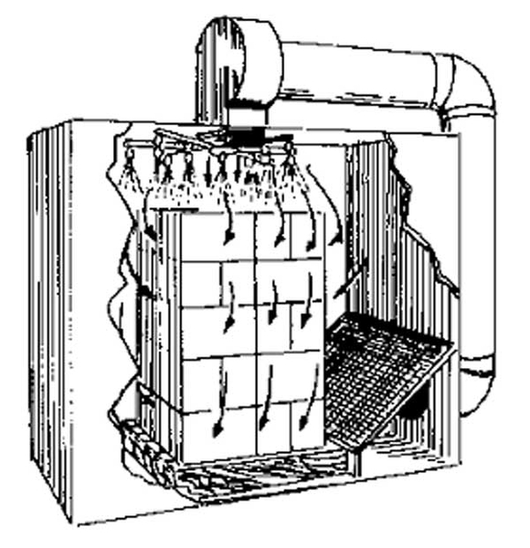Illustration showing how an air mist humidifier pulls mist-cooled air through multiple pallets of produce.